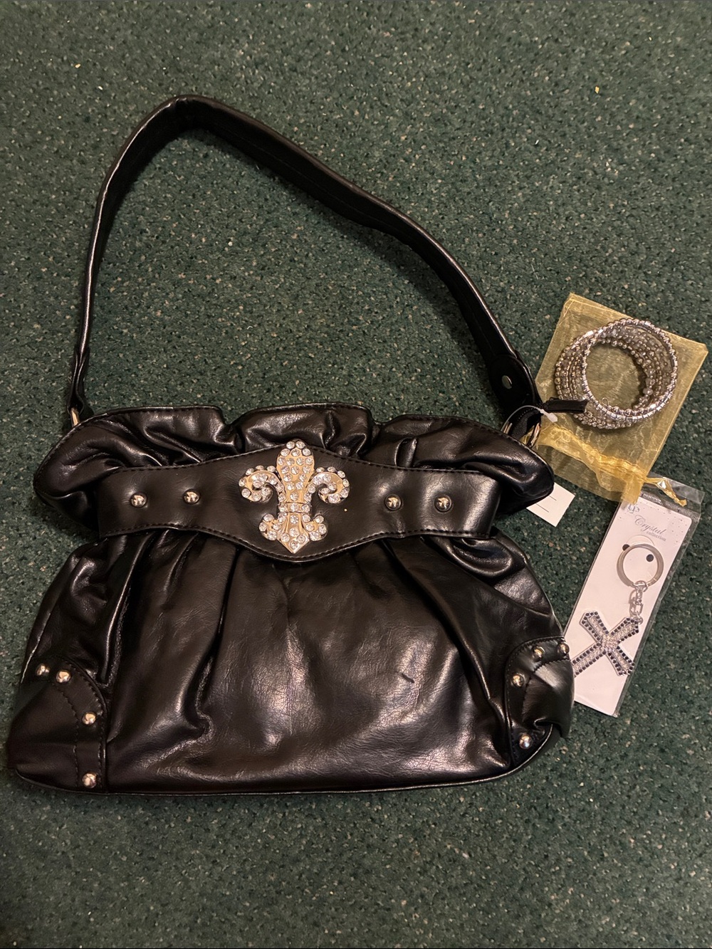 Ampere Creations Faux Leather Rhinestone Fleur Y2K Shoulder Bag 3 pc Bundle